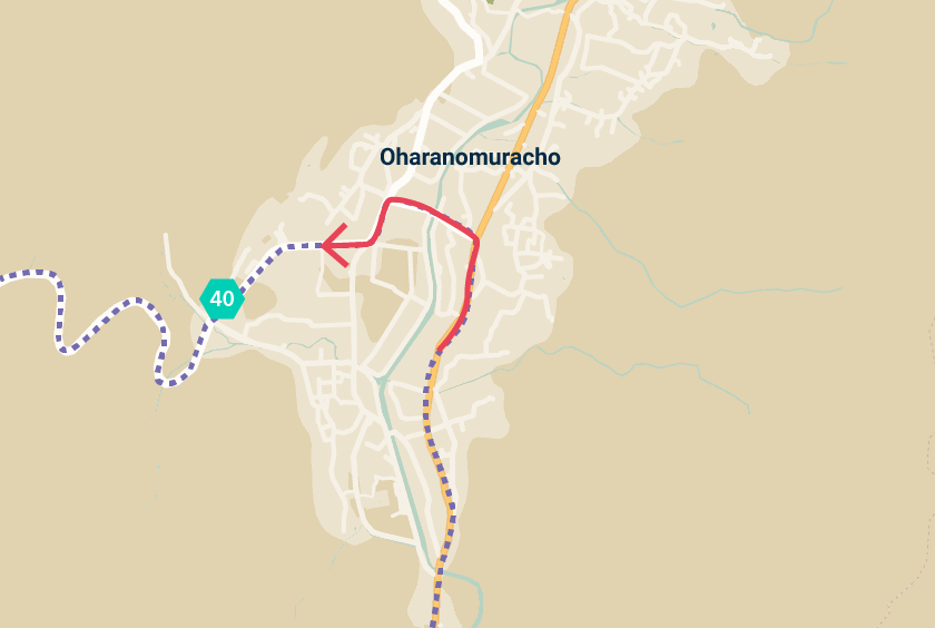 Detalle del mapa que muestra un giro a la izquierda en Oharanomuracho