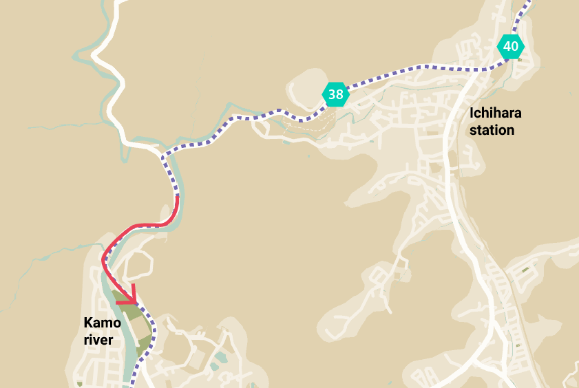 Détail de la carte montrant un virage à gauche de la route numéro 40 vers la route numéro 38