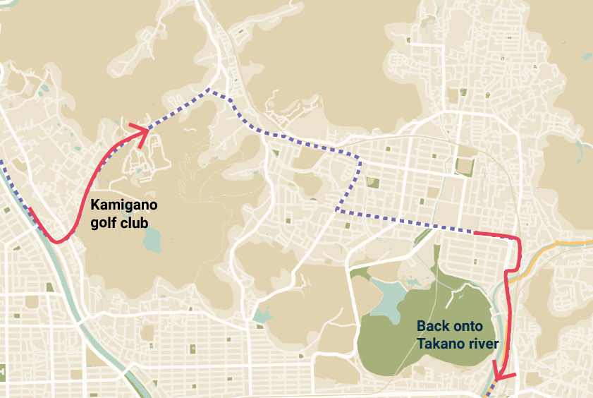 Un mapa que detalla un desvío que se aleja de Kamogawa y rodea el club de golf de Kamigano para disfrutar de más paisajes en las colinas del norte de Kioto.