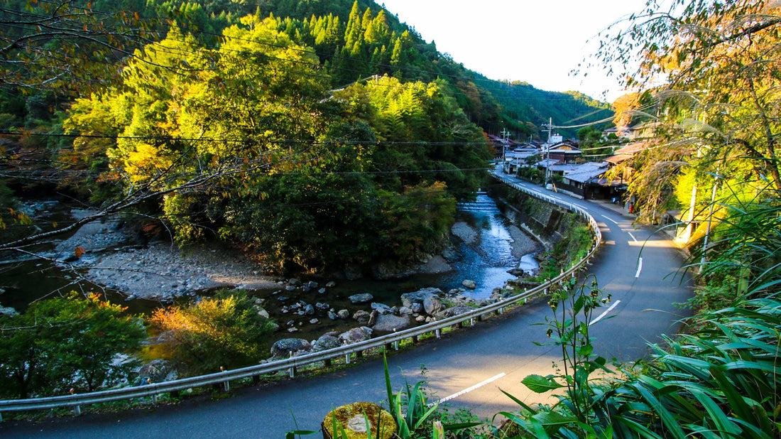 북쪽 산맥의 교토 사이클링 루트를 따라 나카가와 마을의 환상적인 풍경.