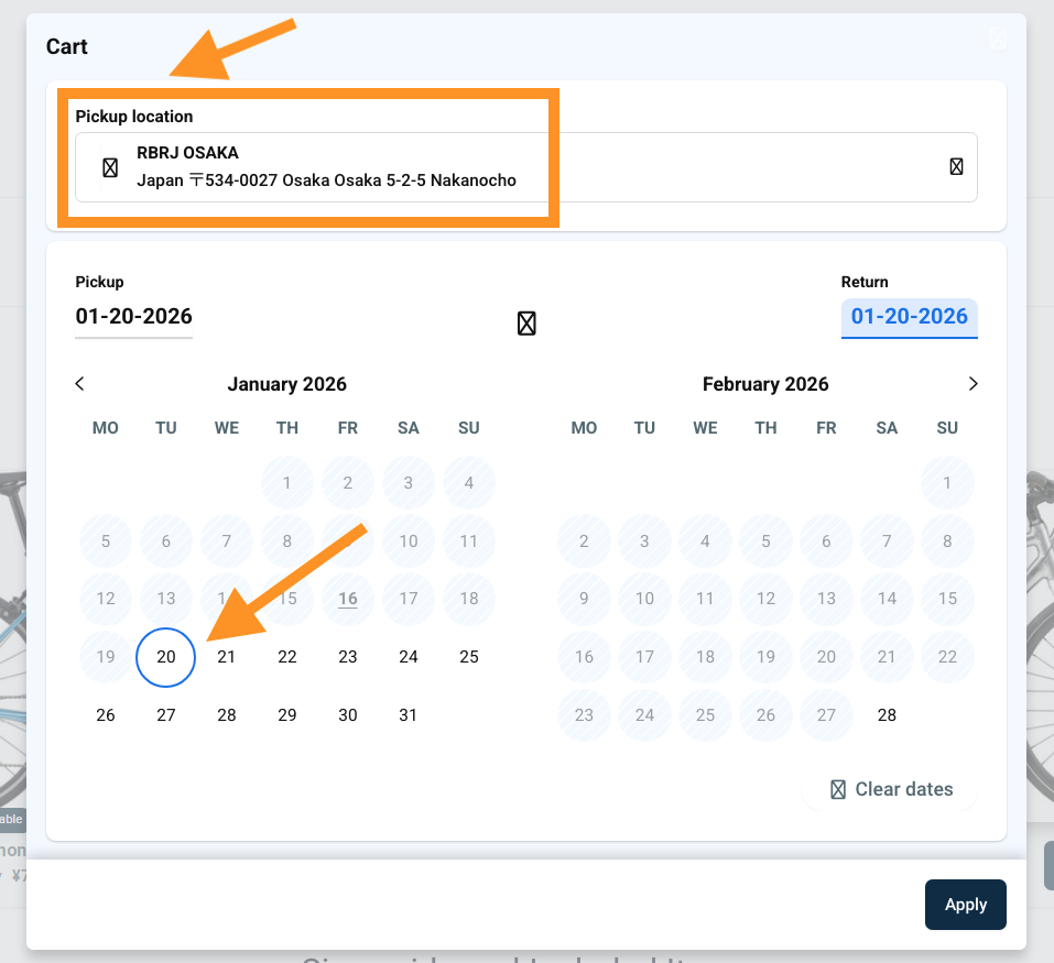 Asegúrese de que el lugar de recogida coincide con la tienda donde comenzará el alquiler y seleccione las fechas de alquiler.